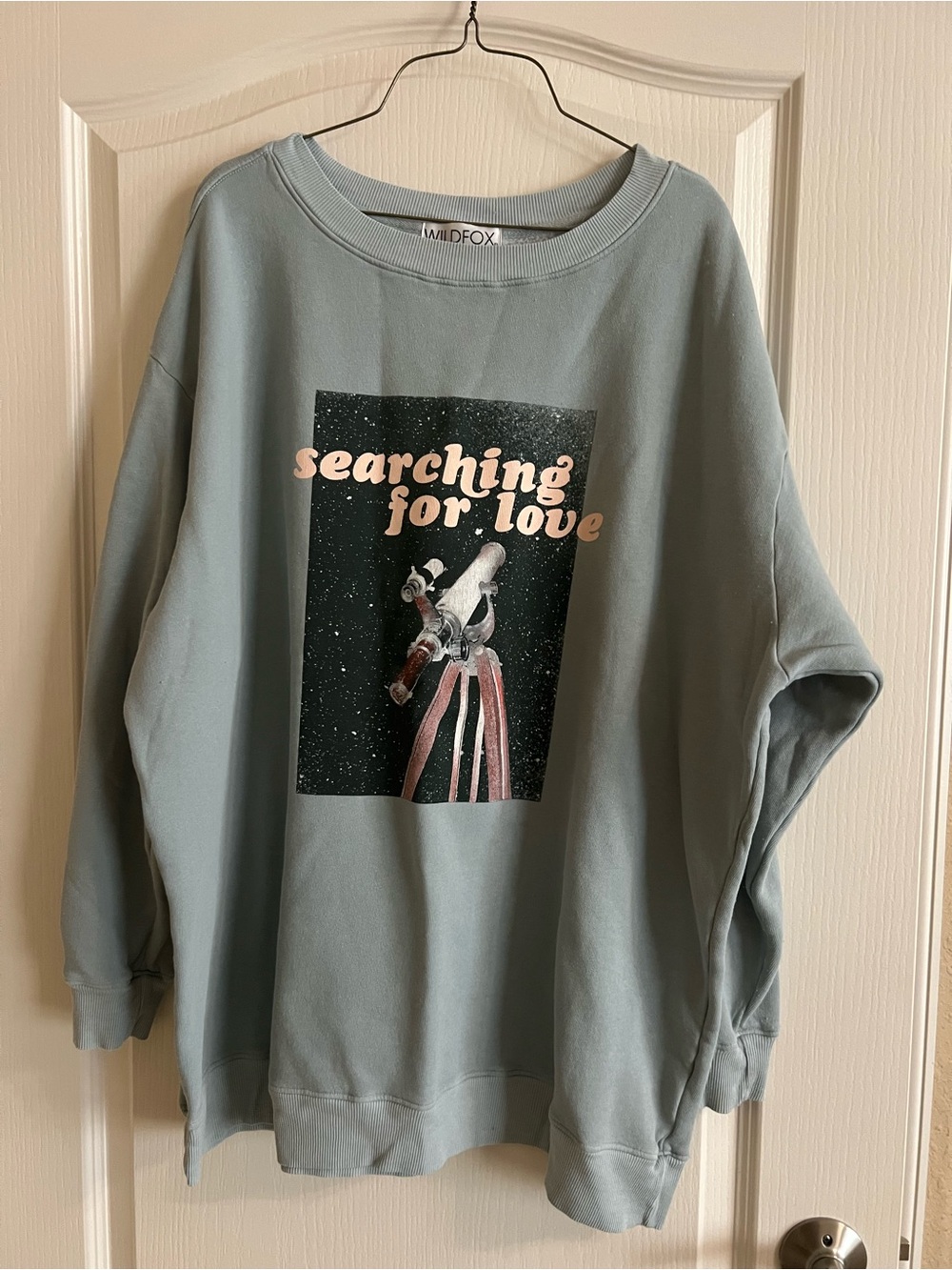 Wildfox Dusty Blue 'Searching for Love' Graphic Crewneck Sweatshirt